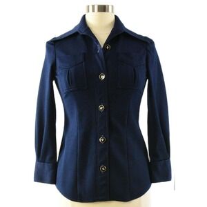 70s Vintage Navy Button Shirt Jacket Womens S Fitted Twill Military Style Top 4